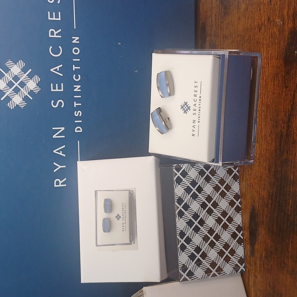 Clear Out Ryan Seacrest Distinction Silver Blue Geometric Cuff Links - Picture 4 of 7